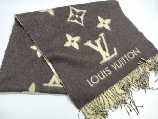 LOUIS VUITTON LV Large Stole 100% Cashmere Brown x Beige Scarf