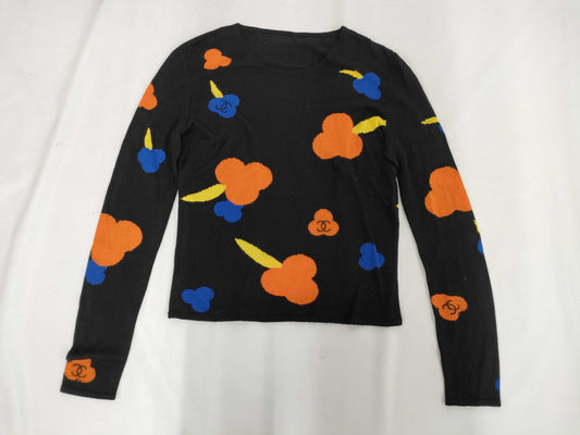 CHANEL 00T Clover Knit Top, Black, Orange, Blue, Size 38, Tops