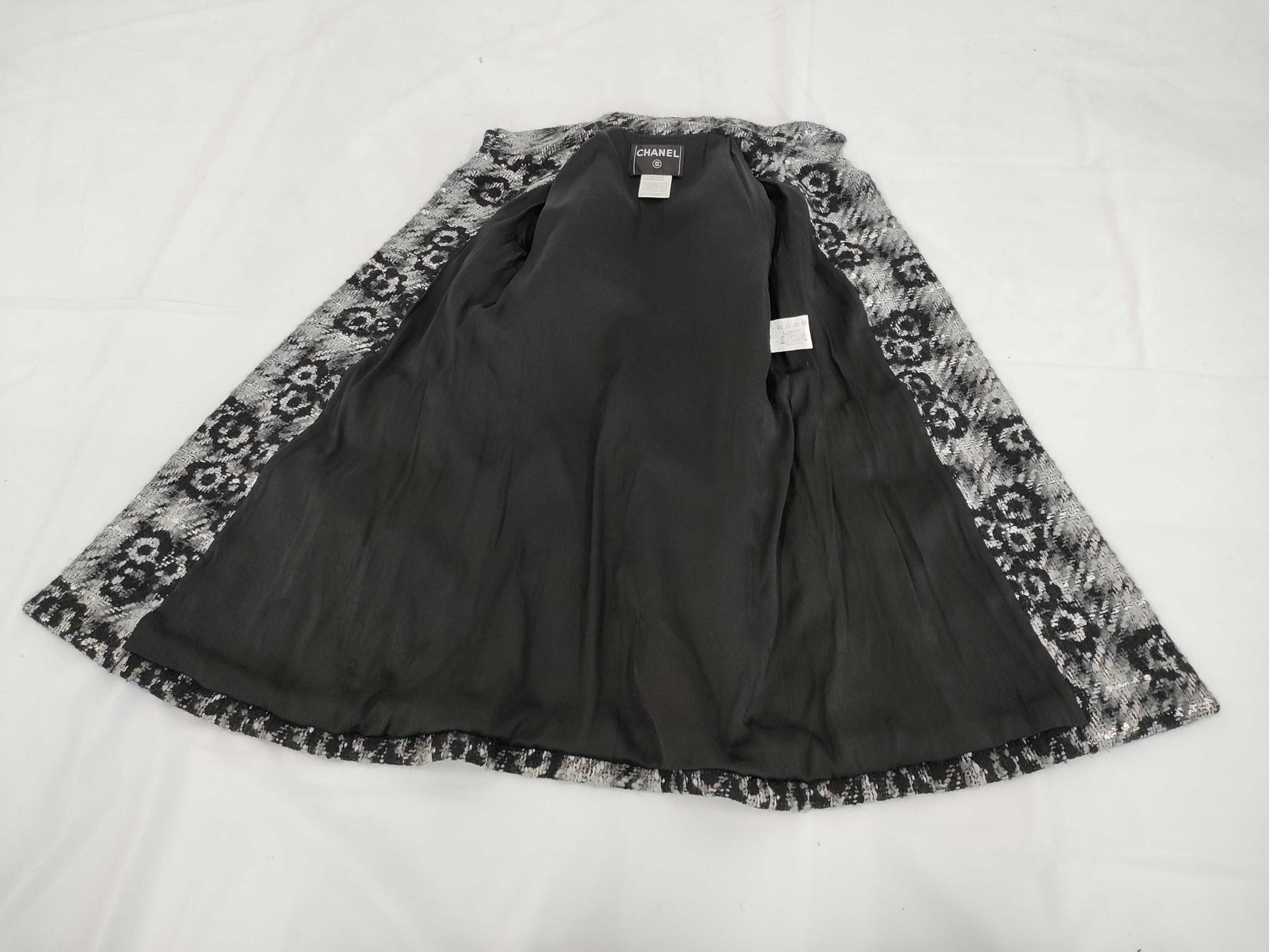 CHANEL 05A Coco Button Camellia Print Tweed Set Long Coat and Skirt P26844 P26845 Gray Other Apparel