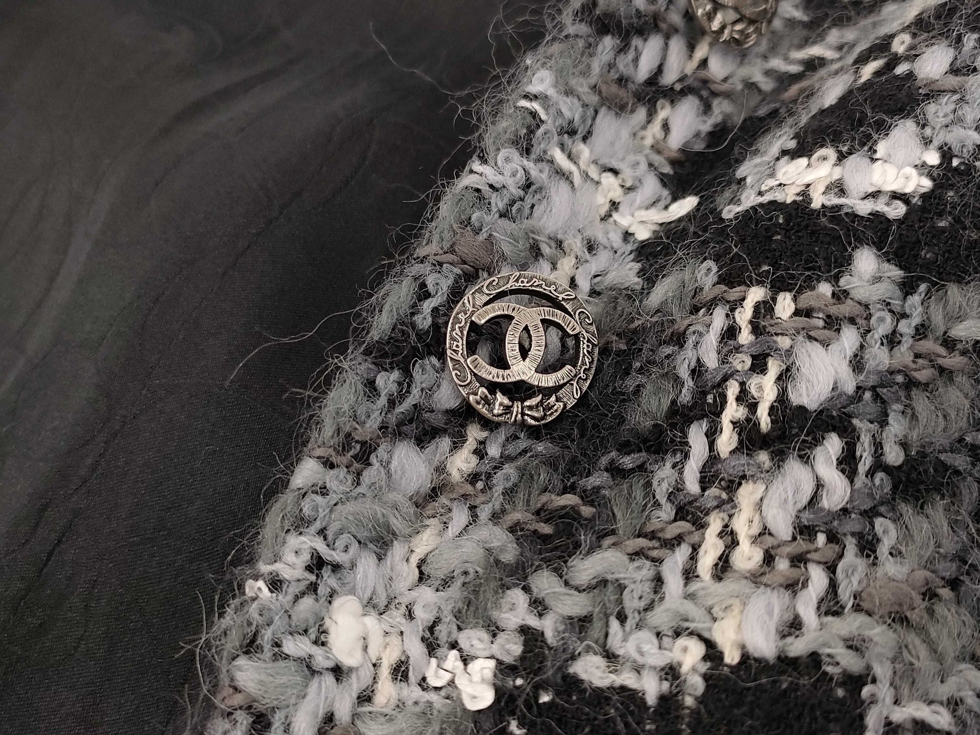 CHANEL 05A Coco Button Camellia Print Tweed Set Long Coat and Skirt P26844 P26845 Gray Other Apparel