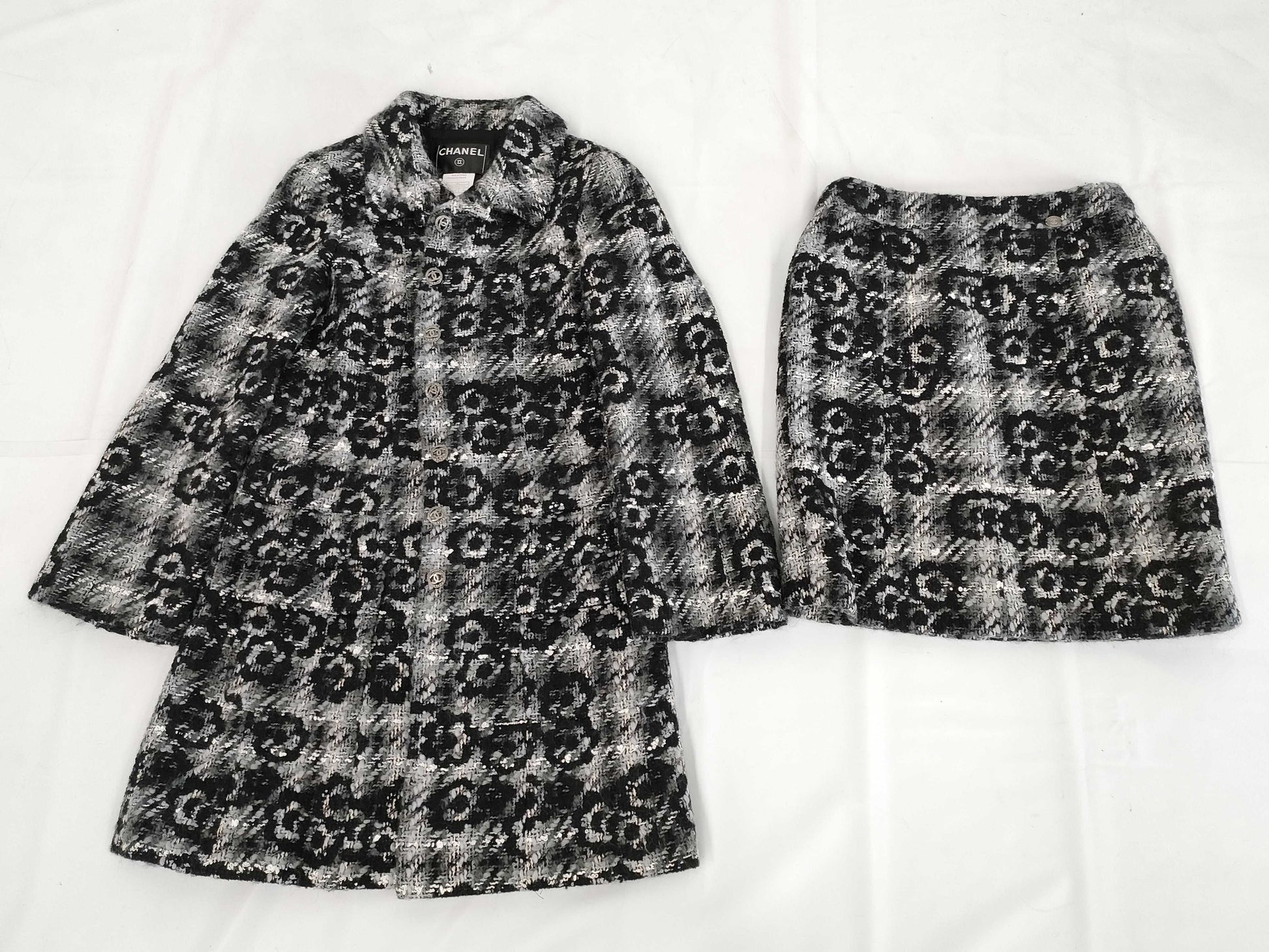 CHANEL 05A Coco Button Camellia Print Tweed Set Long Coat and Skirt P26844 P26845 Gray Other Apparel
