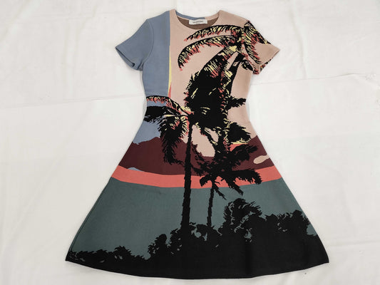 VALENTINO Short Sleeve Knit Dress, Pink, Blue, Size S