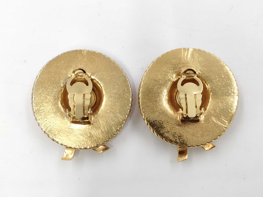 CHANEL engraved plate straw hat ribbon earrings
