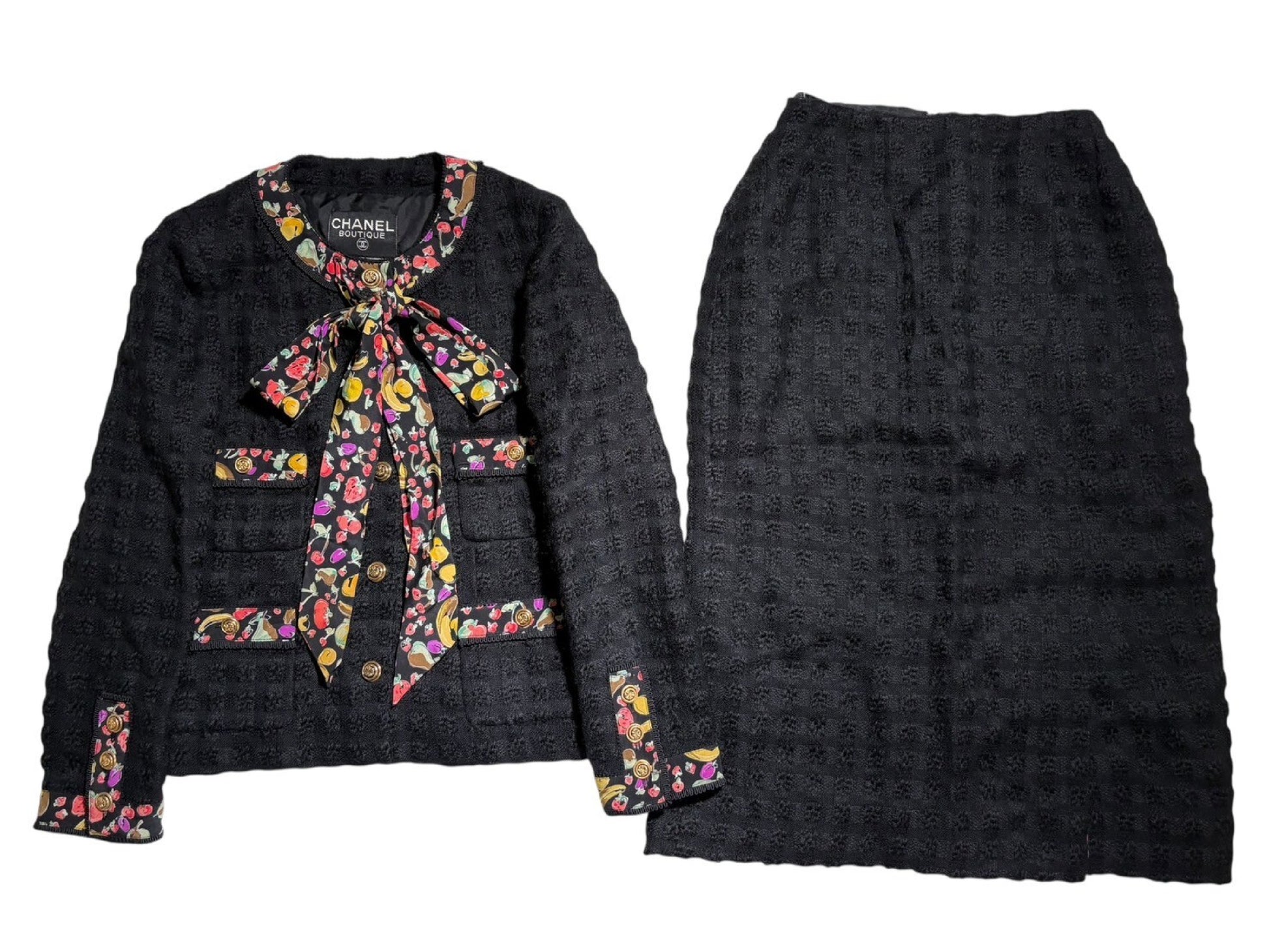 CHANEL 80s Vintage Tweed Set with Scarf and Gold Buttons, Size 36, Other Apparel