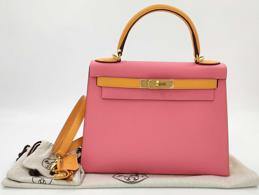 HERMES Kelly 28 Serie Personal Order Epsom Leather Rose Azalee Jaune D'or with Matte Gold Hardware and C Stamp