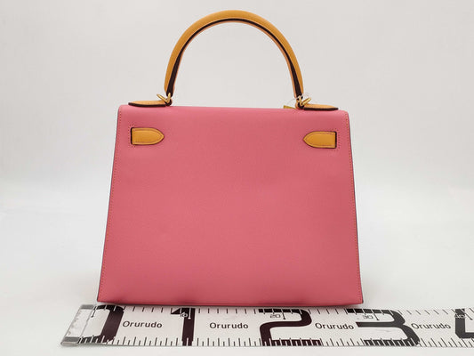 HERMES Kelly 28 Serie Personal Order Epsom Leather Rose Azalee Jaune D'or with Matte Gold Hardware and C Stamp