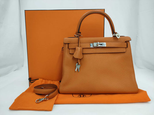 HERMES Kelly 28 Orange with J Stamp and Silver Hardware, Handbag/Shoulder Bag