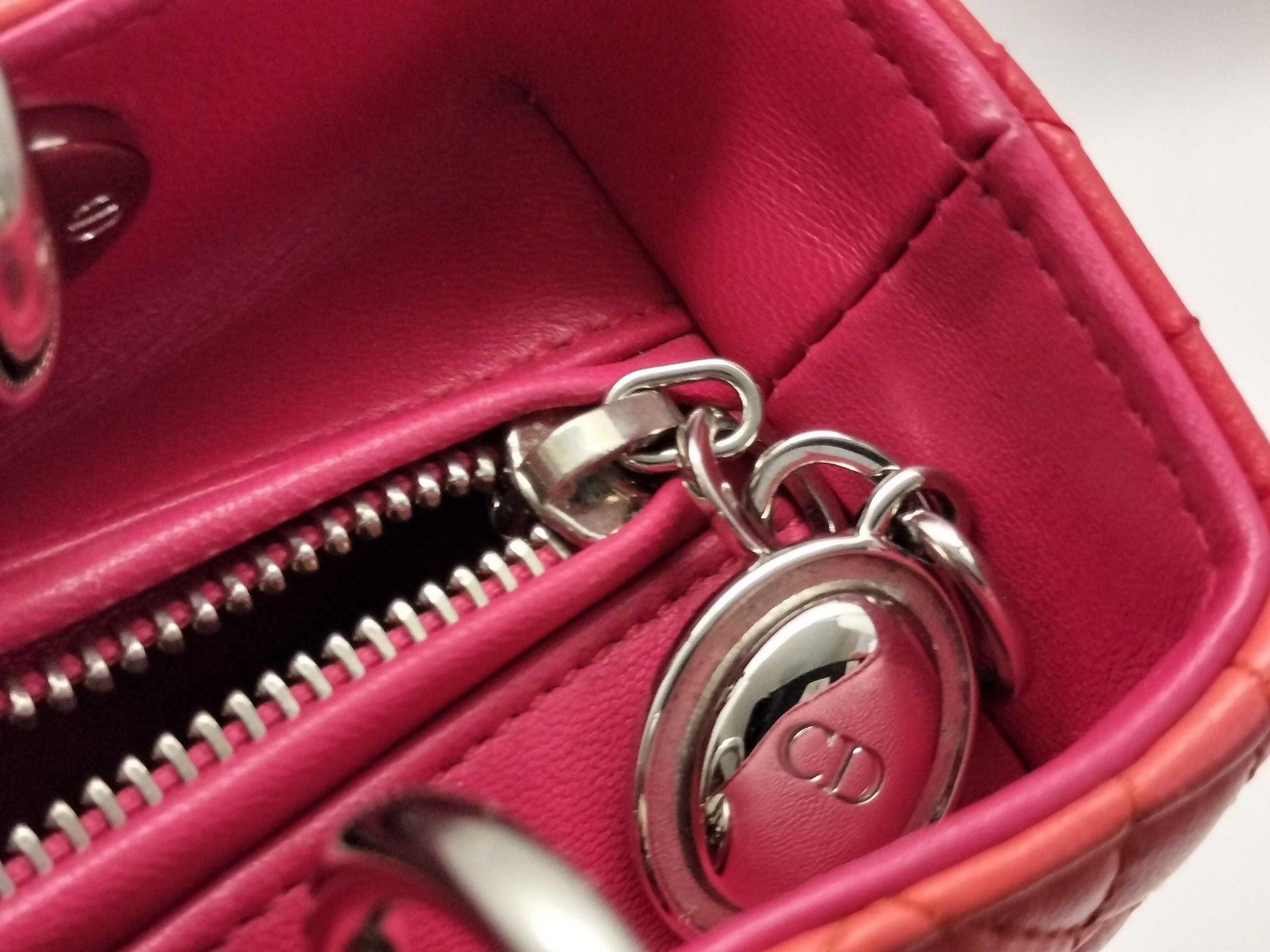 Dior Lady Dior Medium Zip Orange/Pink Cannage Lambskin Leather Silver Handbag 16-BO-0123