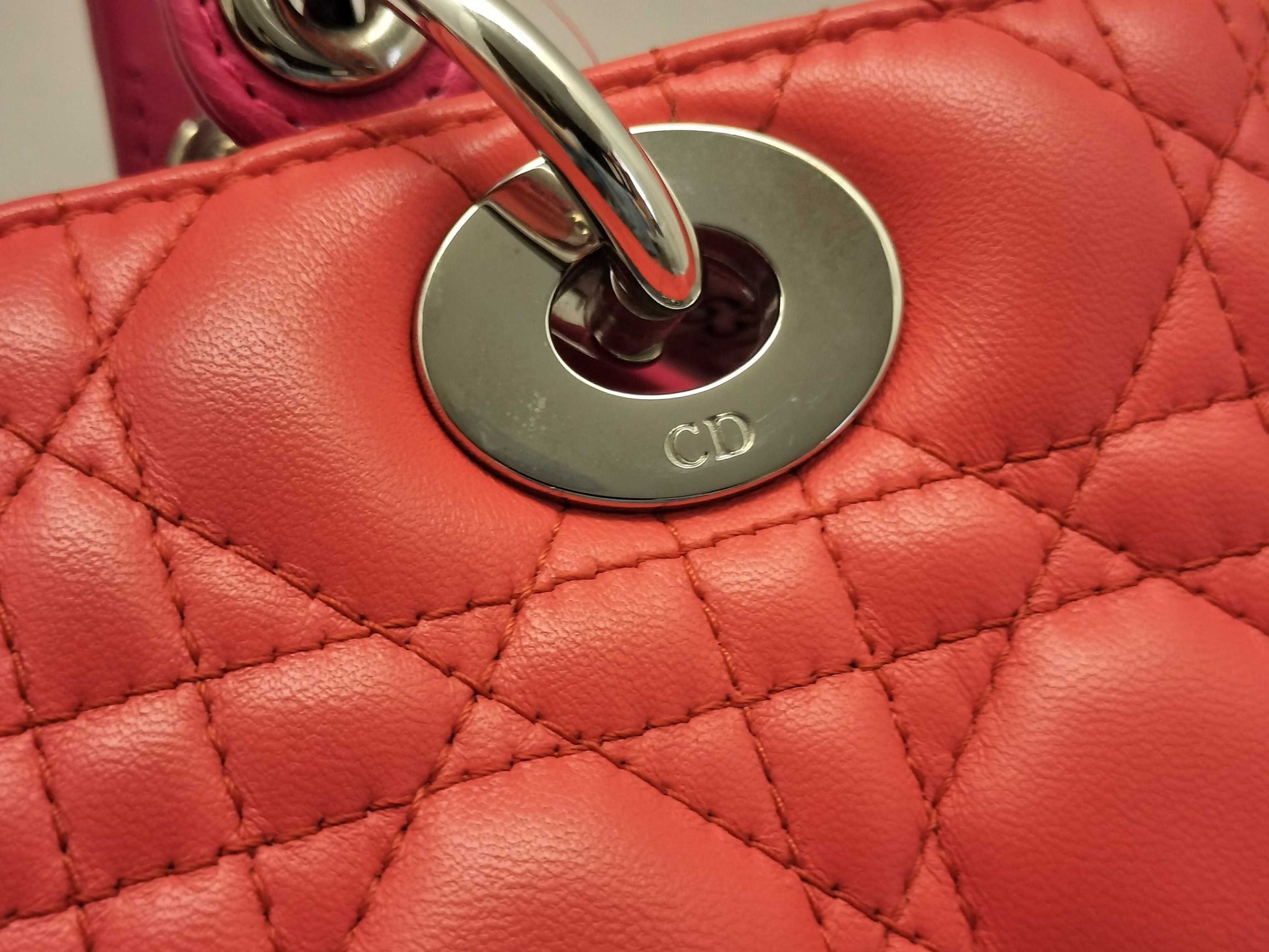 Dior Lady Dior Medium Zip Orange/Pink Cannage Lambskin Leather Silver Handbag 16-BO-0123