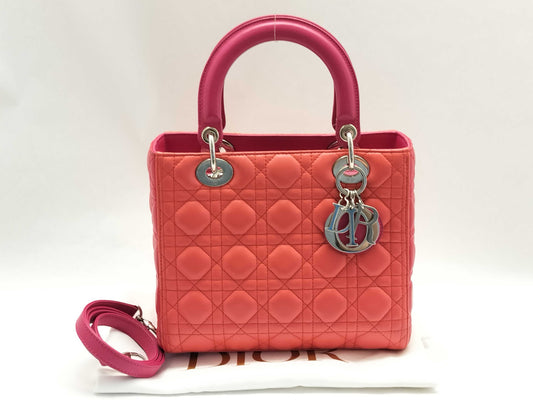 Dior Lady Dior Medium Zip Orange/Pink Cannage Lambskin Leather Silver Handbag 16-BO-0123