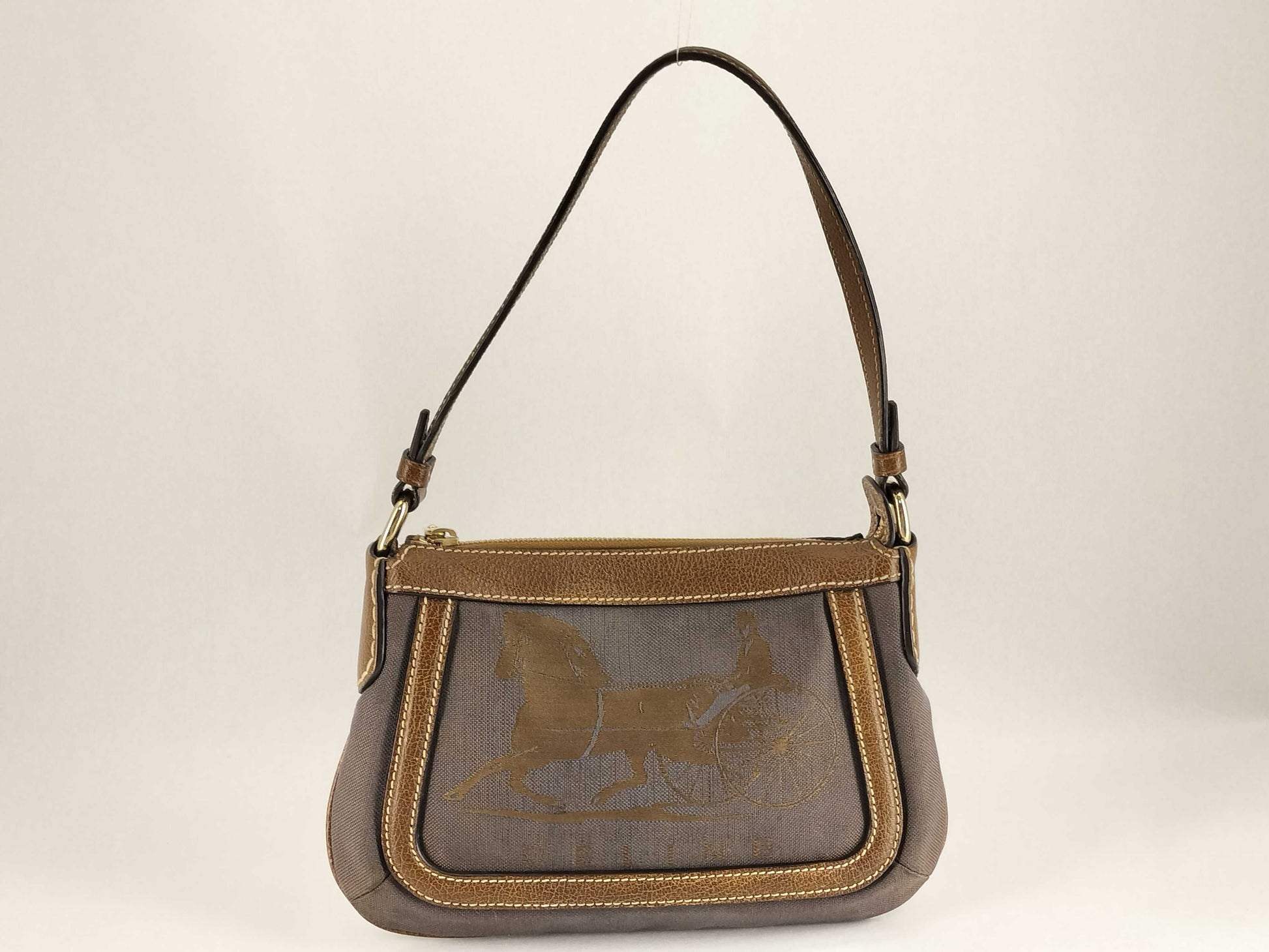 CELINE Celine Pochette Hobo Handbag in Purple/Brown Horse Carriage Print Canvas with Gold SC-ST-0097