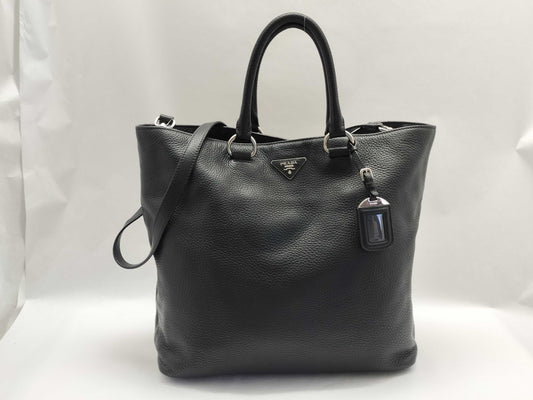 PRADA Prada Large Convertible Tote in Black and Silver Vitello Dino Leather, 103 Tote Bag