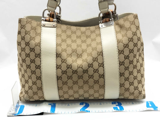 GUCCI GG Canvas Medium Bamboo Bar Tote Bag in Beige/Ivory with Monogram Canvas and Silver 