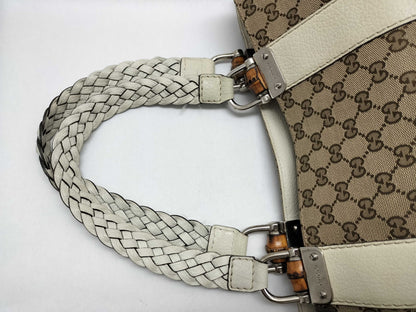 GUCCI GG Canvas Medium Bamboo Bar Tote Bag in Beige/Ivory with Monogram Canvas and Silver 