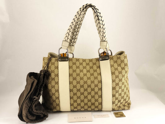 GUCCI GG Canvas Medium Bamboo Bar Tote Bag in Beige/Ivory with Monogram Canvas and Silver 