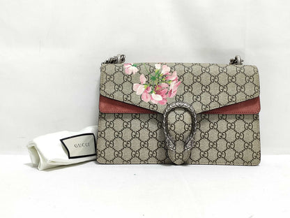 GUCCI GG Supreme Medium Dionysus Blooms Shoulder Bag in Beige/Red with Blooms Supreme Coated Canvas and Silver 