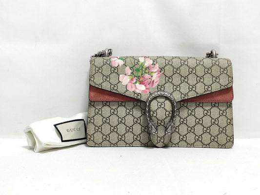 GUCCI GG Supreme Medium Dionysus Blooms Shoulder Bag in Beige/Red with Blooms Supreme Coated Canvas and Silver 