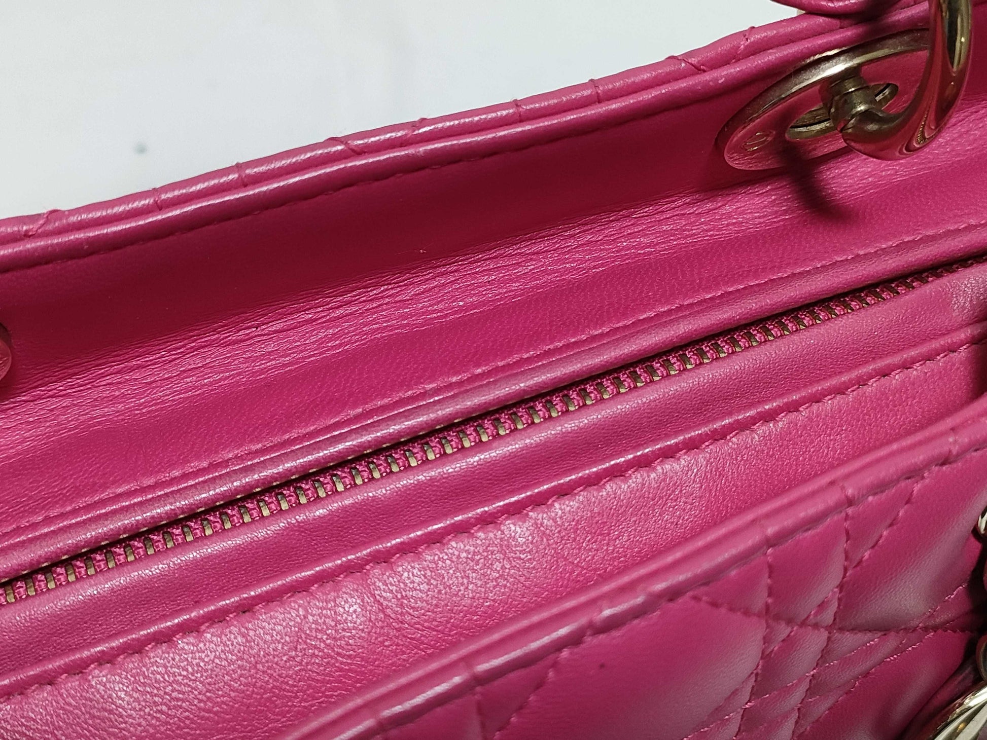 Dior Large Lady Dior Zip Handbag in Fuchsia Pink Cannage Lambskin Leather with Gold 18-MA-0114