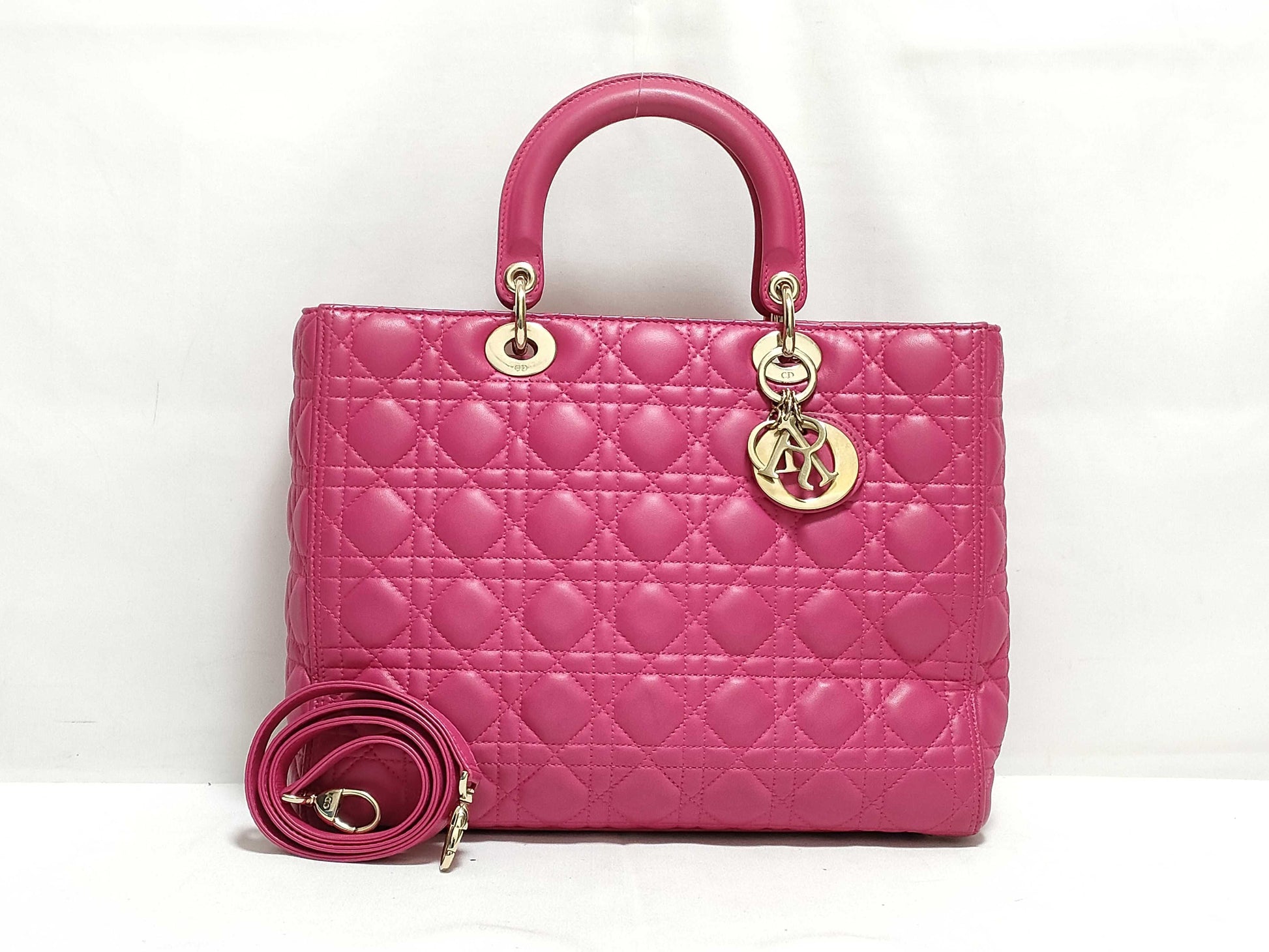 Dior Large Lady Dior Zip Handbag in Fuchsia Pink Cannage Lambskin Leather with Gold 18-MA-0114