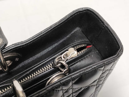 Dior Large Lady Dior Zip Handbag in Black Cannage Lambskin Leather and Silver 