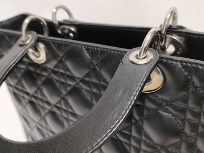 Dior Large Lady Dior Zip Handbag in Black Cannage Lambskin Leather and Silver 