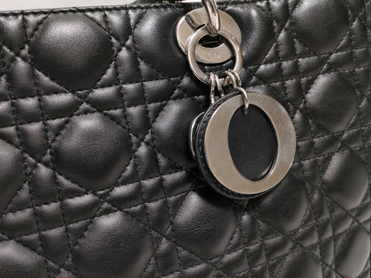 Dior Large Lady Dior Zip Handbag in Black Cannage Lambskin Leather and Silver 