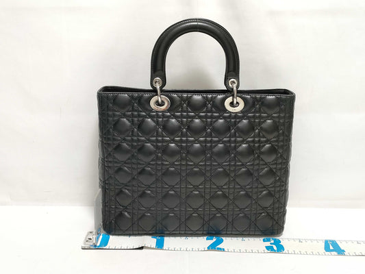 Dior Large Lady Dior Zip Handbag in Black Cannage Lambskin Leather and Silver 