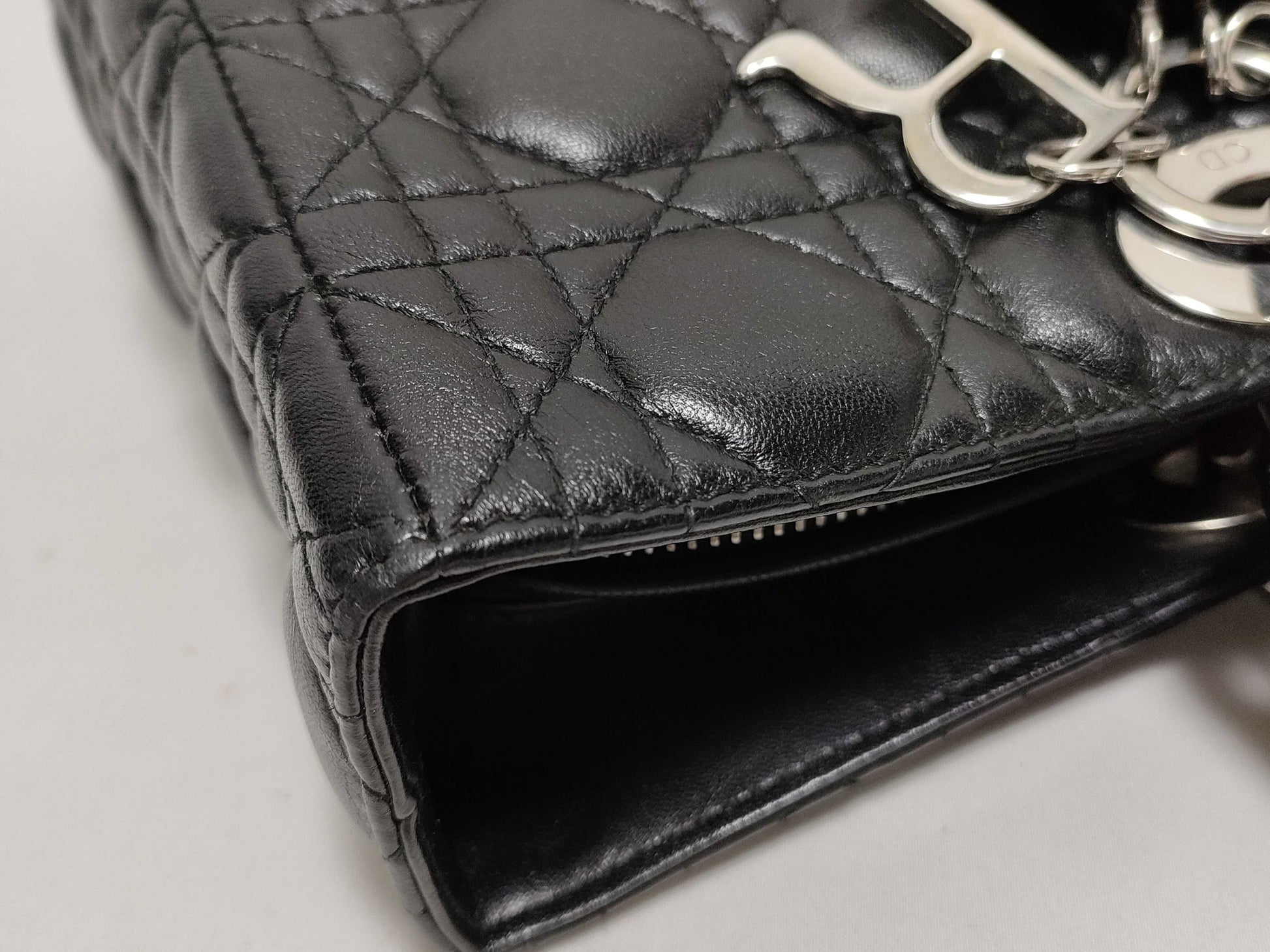 Dior Large Lady Dior Zip Handbag in Black Cannage Lambskin Leather and Silver 