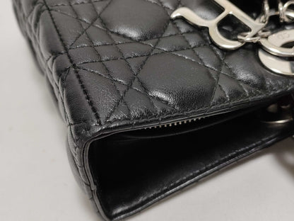 Dior Large Lady Dior Zip Handbag in Black Cannage Lambskin Leather and Silver 