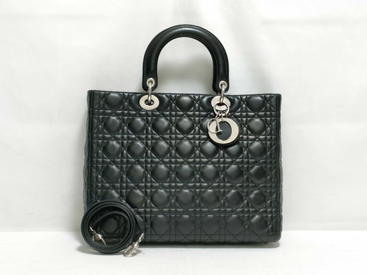 Dior Large Lady Dior Zip Handbag in Black Cannage Lambskin Leather and Silver 