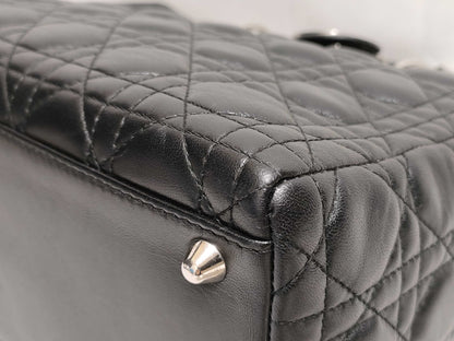 Dior Large Lady Dior Zip Handbag in Black Cannage Lambskin Leather and Silver 