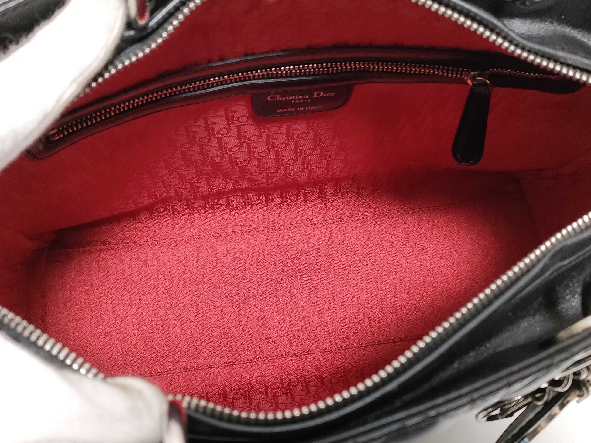 Dior Large Lady Dior Zip Handbag in Black Cannage Lambskin Leather and Silver 