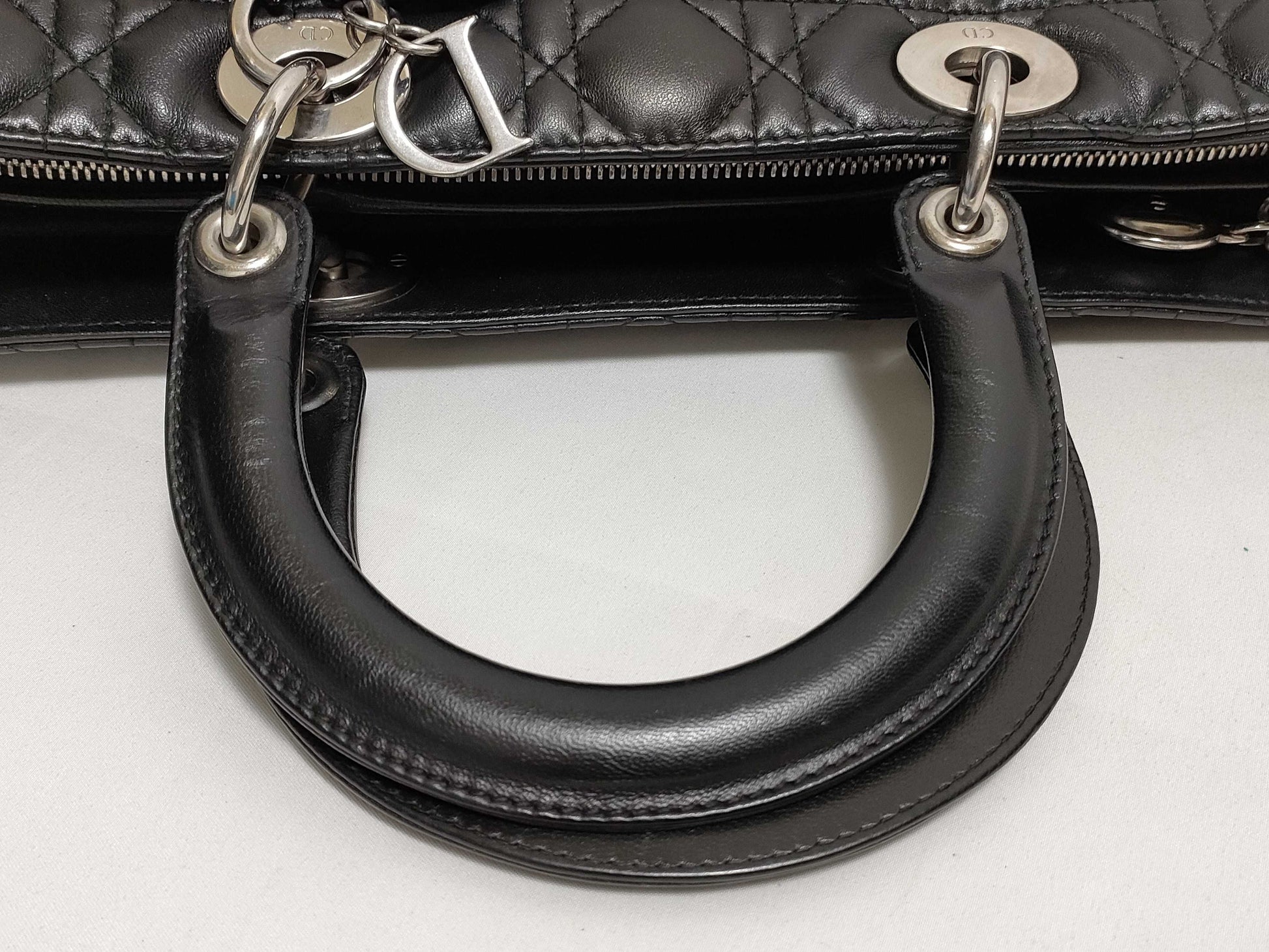 Dior Large Lady Dior Zip Handbag in Black Cannage Lambskin Leather and Silver 