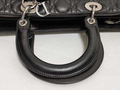 Dior Large Lady Dior Zip Handbag in Black Cannage Lambskin Leather and Silver 