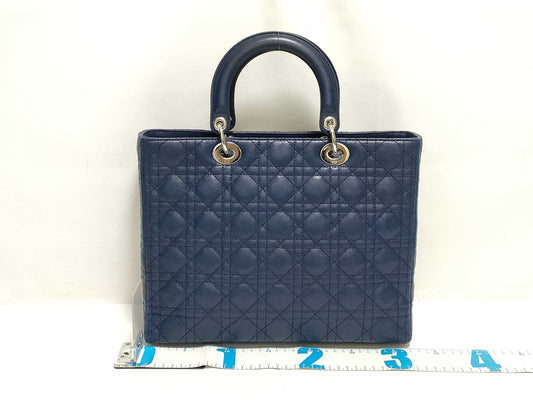 Dior Large Lady Dior Zip Handbag in Navy Cannage Calfskin Leather and Silver, 16-BO-1101