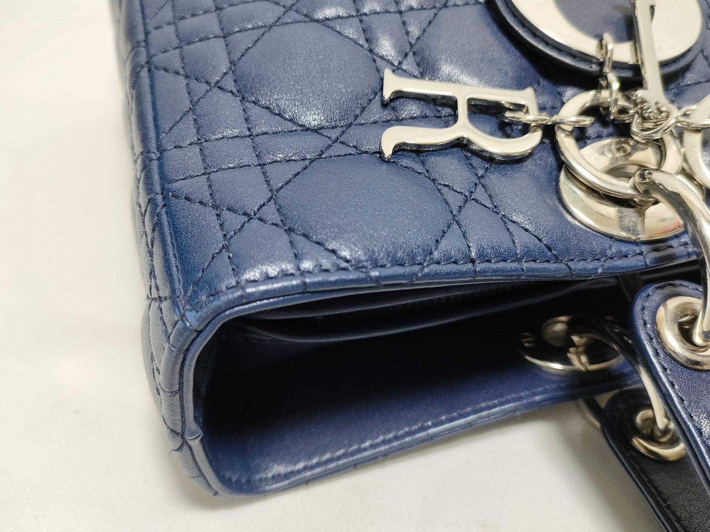 Dior Large Lady Dior Zip Handbag in Navy Cannage Calfskin Leather and Silver, 16-BO-1101