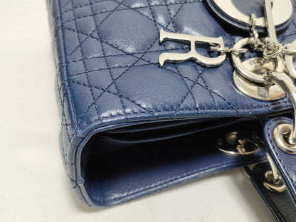 Dior Large Lady Dior Zip Handbag in Navy Cannage Calfskin Leather and Silver, 16-BO-1101