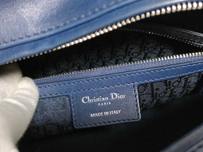 Dior Large Lady Dior Zip Handbag in Navy Cannage Calfskin Leather and Silver, 16-BO-1101
