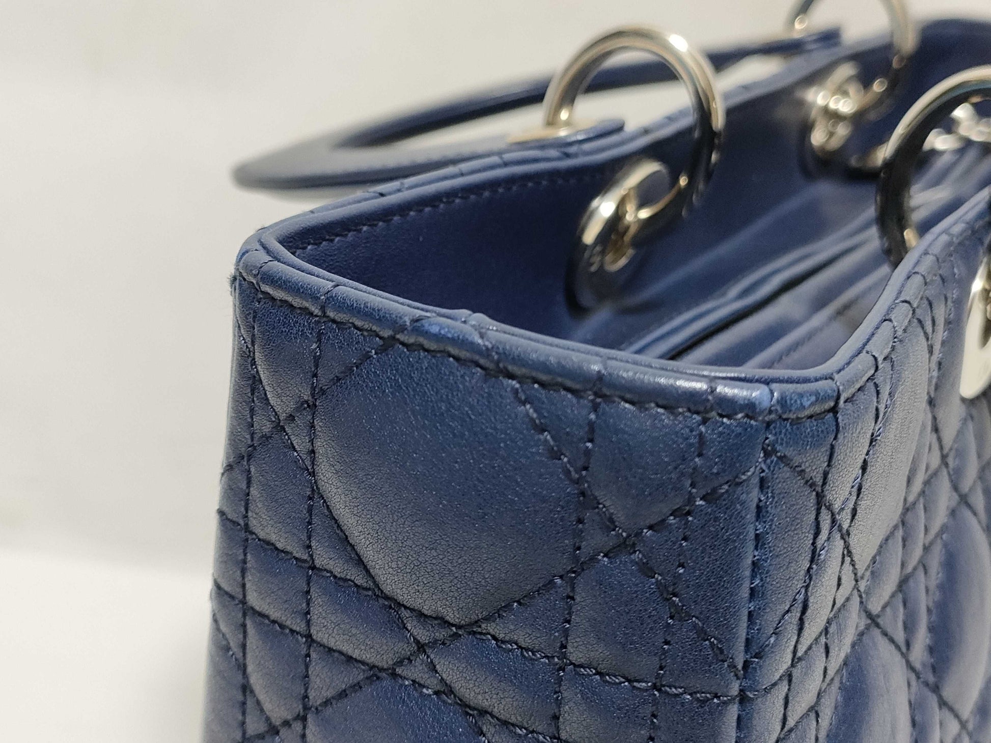 Dior Large Lady Dior Zip Handbag in Navy Cannage Calfskin Leather and Silver, 16-BO-1101
