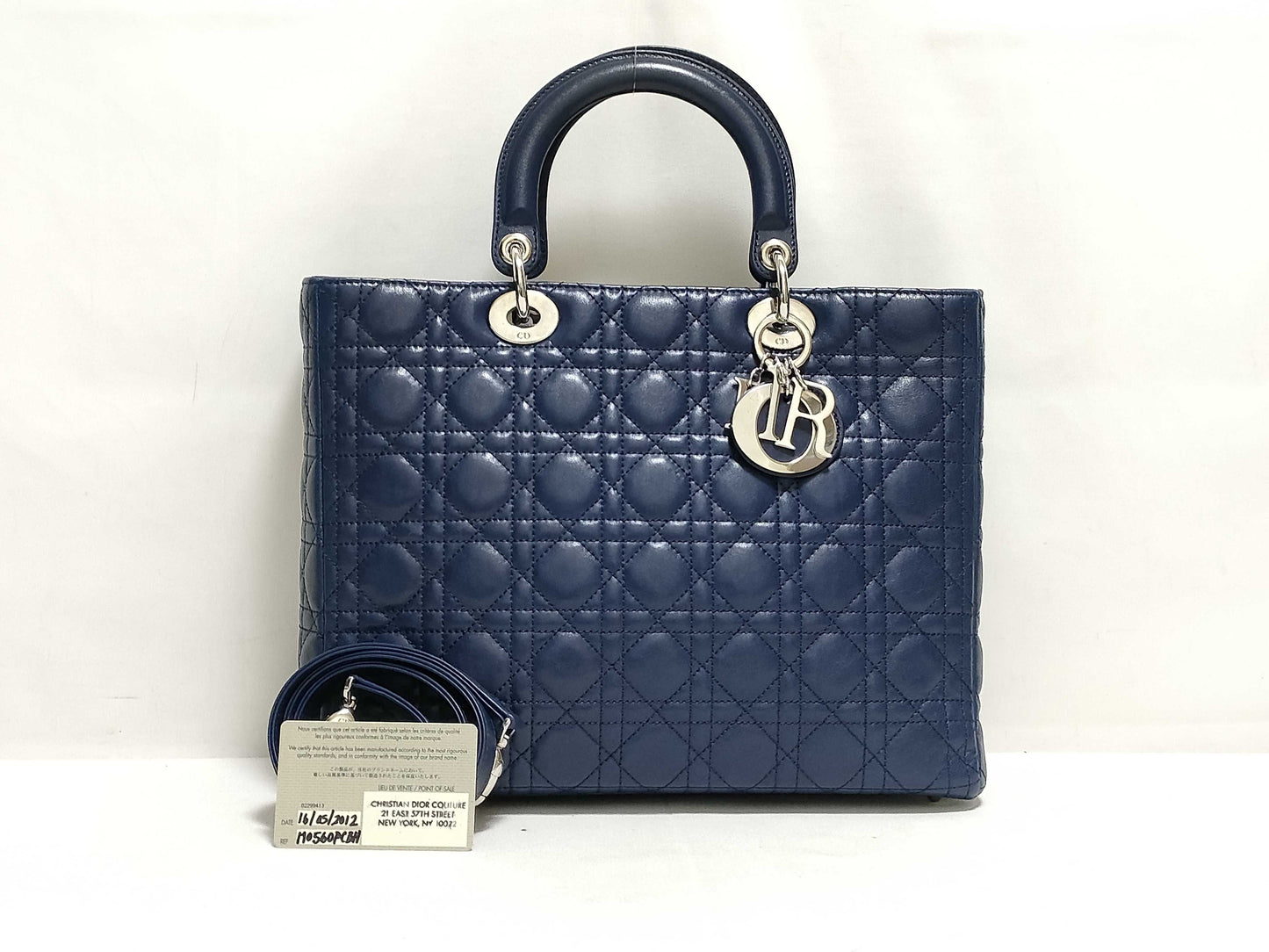 Dior Large Lady Dior Zip Handbag in Navy Cannage Calfskin Leather and Silver, 16-BO-1101