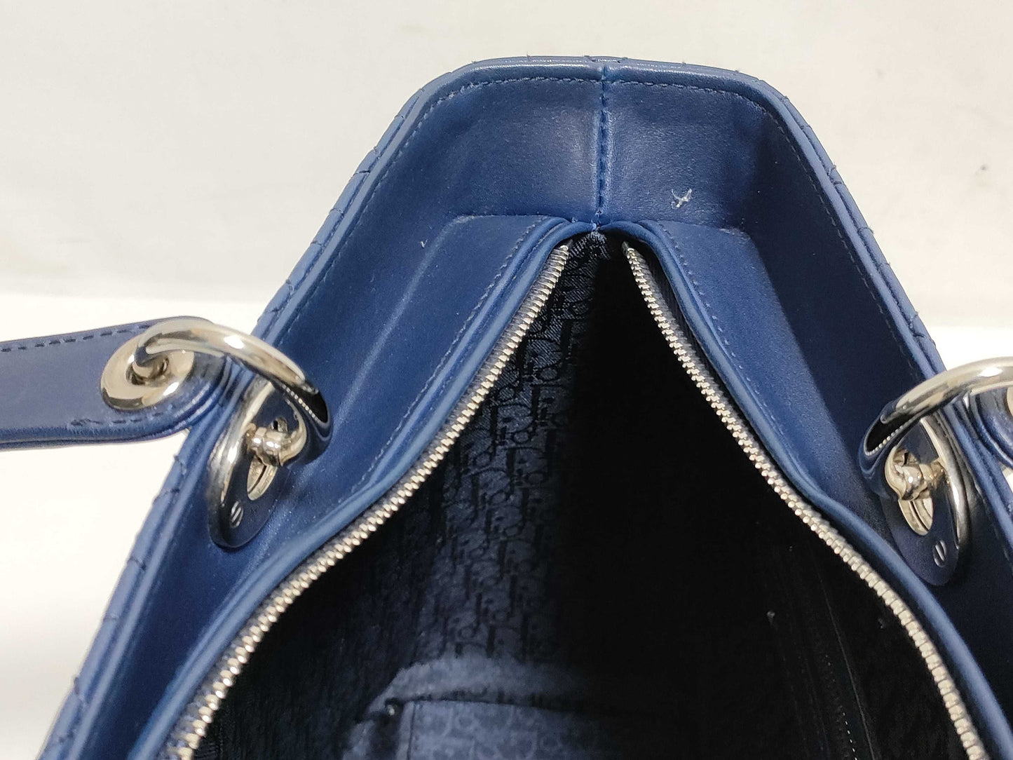 Dior Large Lady Dior Zip Handbag in Navy Cannage Calfskin Leather and Silver, 16-BO-1101