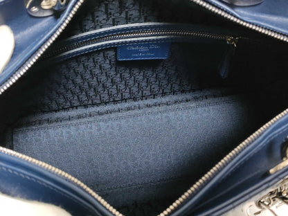 Dior Large Lady Dior Zip Handbag in Navy Cannage Calfskin Leather and Silver, 16-BO-1101