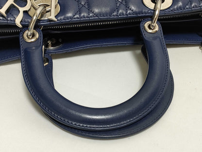 Dior Large Lady Dior Zip Handbag in Navy Cannage Calfskin Leather and Silver, 16-BO-1101