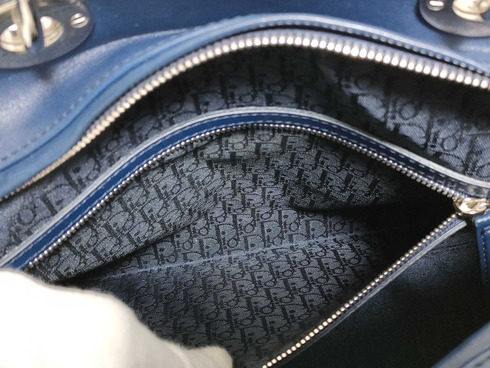 Dior Large Lady Dior Zip Handbag in Navy Cannage Calfskin Leather and Silver, 16-BO-1101