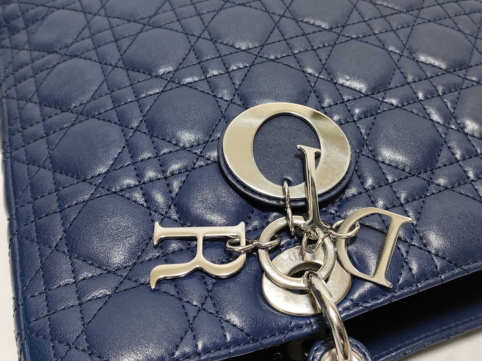Dior Large Lady Dior Zip Handbag in Navy Cannage Calfskin Leather and Silver, 16-BO-1101