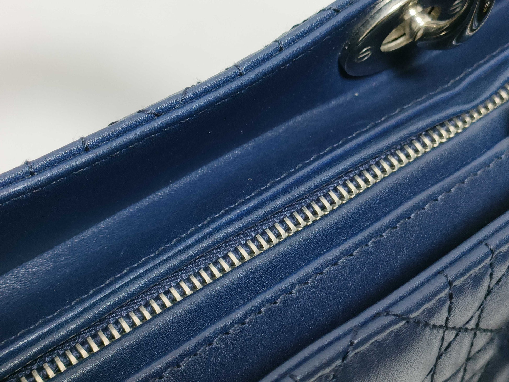 Dior Large Lady Dior Zip Handbag in Navy Cannage Calfskin Leather and Silver, 16-BO-1101