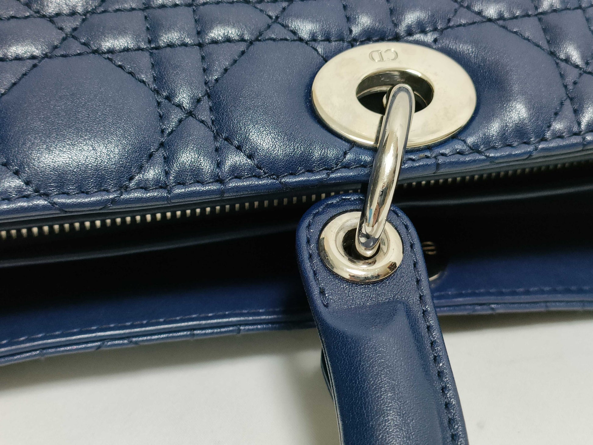 Dior Large Lady Dior Zip Handbag in Navy Cannage Calfskin Leather and Silver, 16-BO-1101