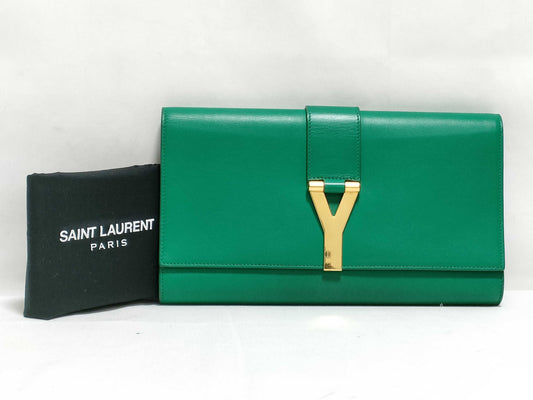 SAINT LAURENT Yves Saint Laurent Classic Ligne Y Clutch Bag in Green Smooth Calfskin Leather with Gold Accents, 311213, 2020