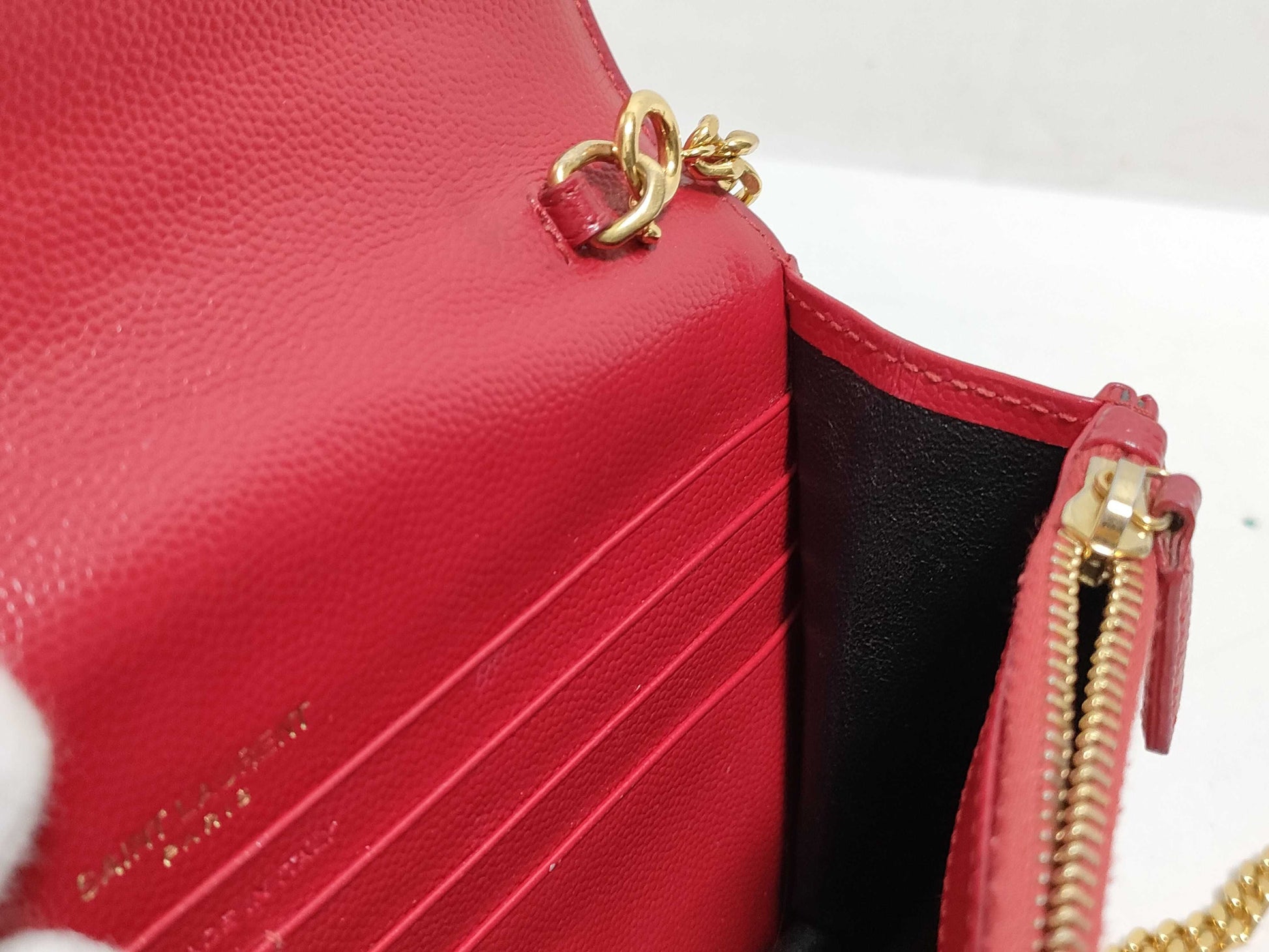 SAINT LAURENT Yves Saint Laurent Envelope Wallet on Chain in Red Quilted Grain de Poudre Leather with Gold GNC 393953 1118 Shoulder Bag