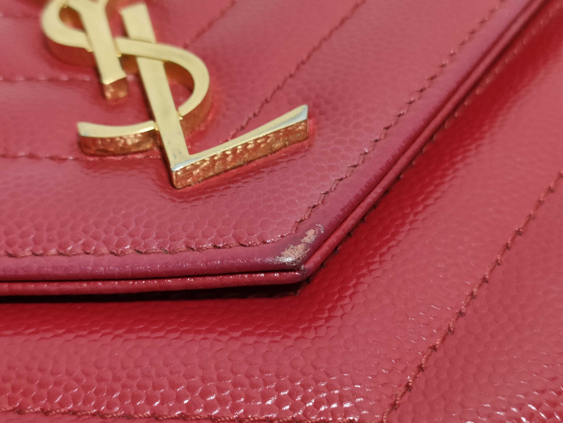 SAINT LAURENT Yves Saint Laurent Envelope Wallet on Chain in Red Quilted Grain de Poudre Leather with Gold GNC 393953 1118 Shoulder Bag